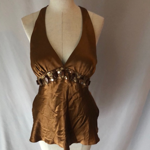 Cache Tops - Brown/gold beaded halter top